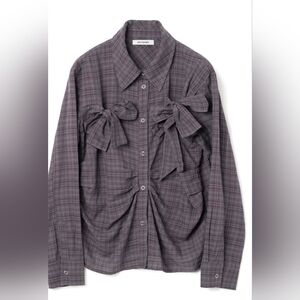 Milo Archive Gray-Purple Plaid Bow-Detail Button-Down Shirt